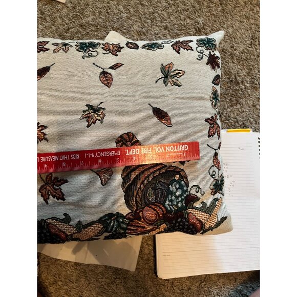 Fall Harvest Tapestry Throw Pillow Cornucopia & Leaves Design - Picture 6 of 7